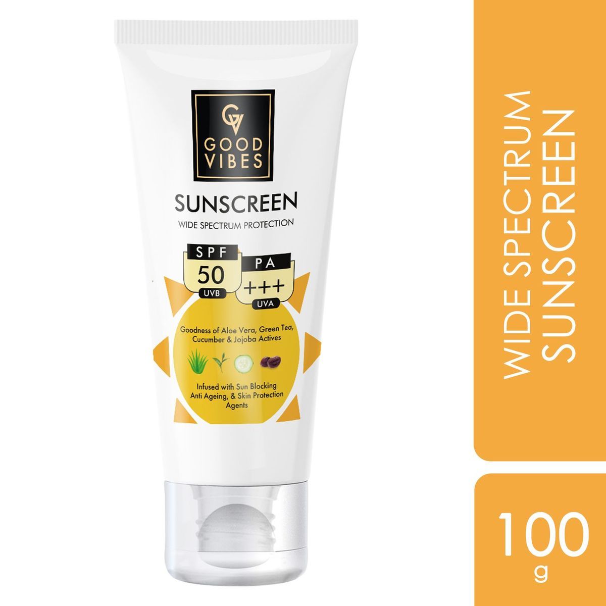 Good Vibes Wide Spectrum Protection Sunscreen with SPF 50 | Non-Greasy, Anti-Ageing | With Aloe Vera | No Parabens, No Animal Testing (100 g)