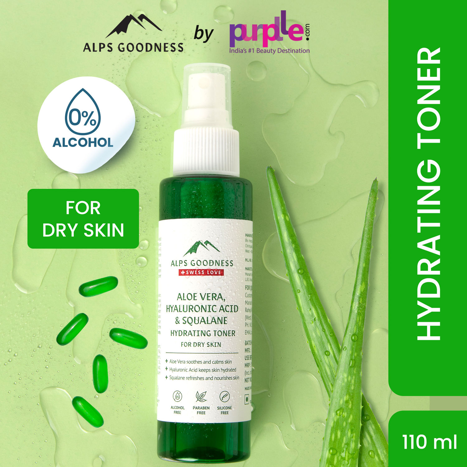 Alps Goodness Aloe Vera, Squalane & Hyaluronic Acid Hydrating Toner for Dry Skin (110ml) | Alcohol free, Paraben Free, Sulphate Free, Silicone Free | Good for pore minimizing/tightening