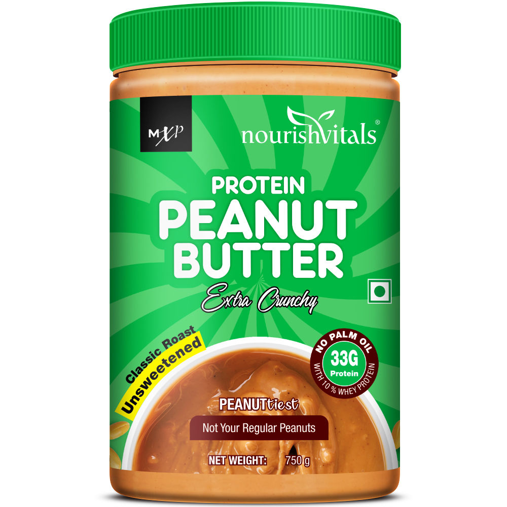 NourishVitals High Protein Peanut Butter (Extra Crunchy) with Whey Protein, 33g Protein, Classic