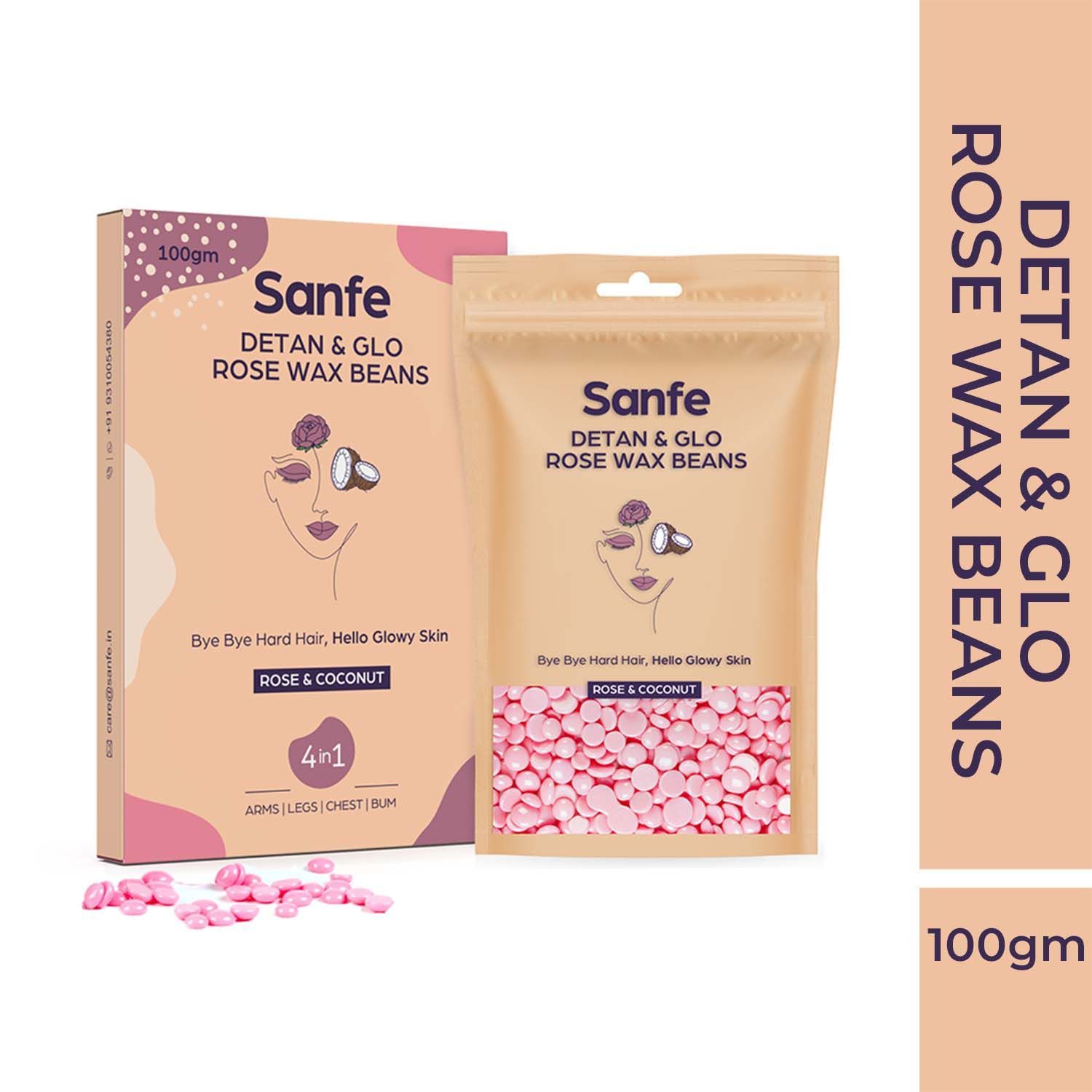 Sanfe Detan & Glo Rose Beans Wax for facial hair Removes Face & Body