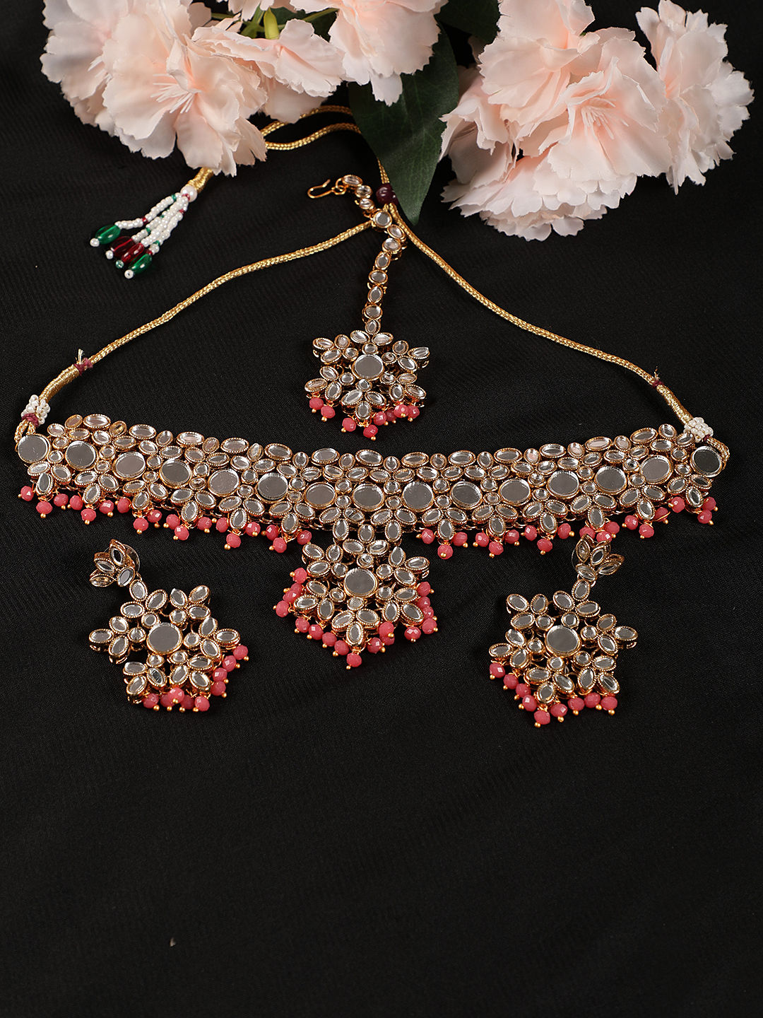 Pink Kundan Gold Plated Mirror Chokers Set with MaangTikka