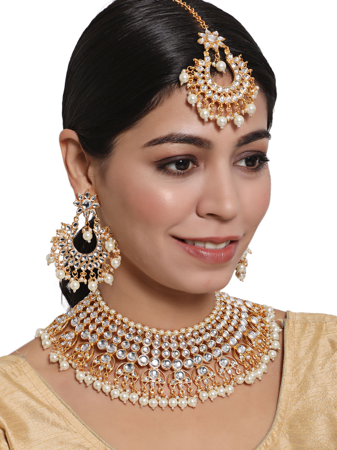 22K Gold-Plated Beige Kundan-Studded Beaded Handcrafted Jewelry Set