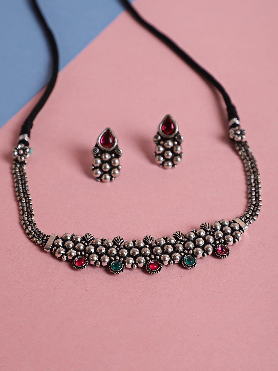 Silver-Toned Oxidised Pink\u0026 Green Stone 