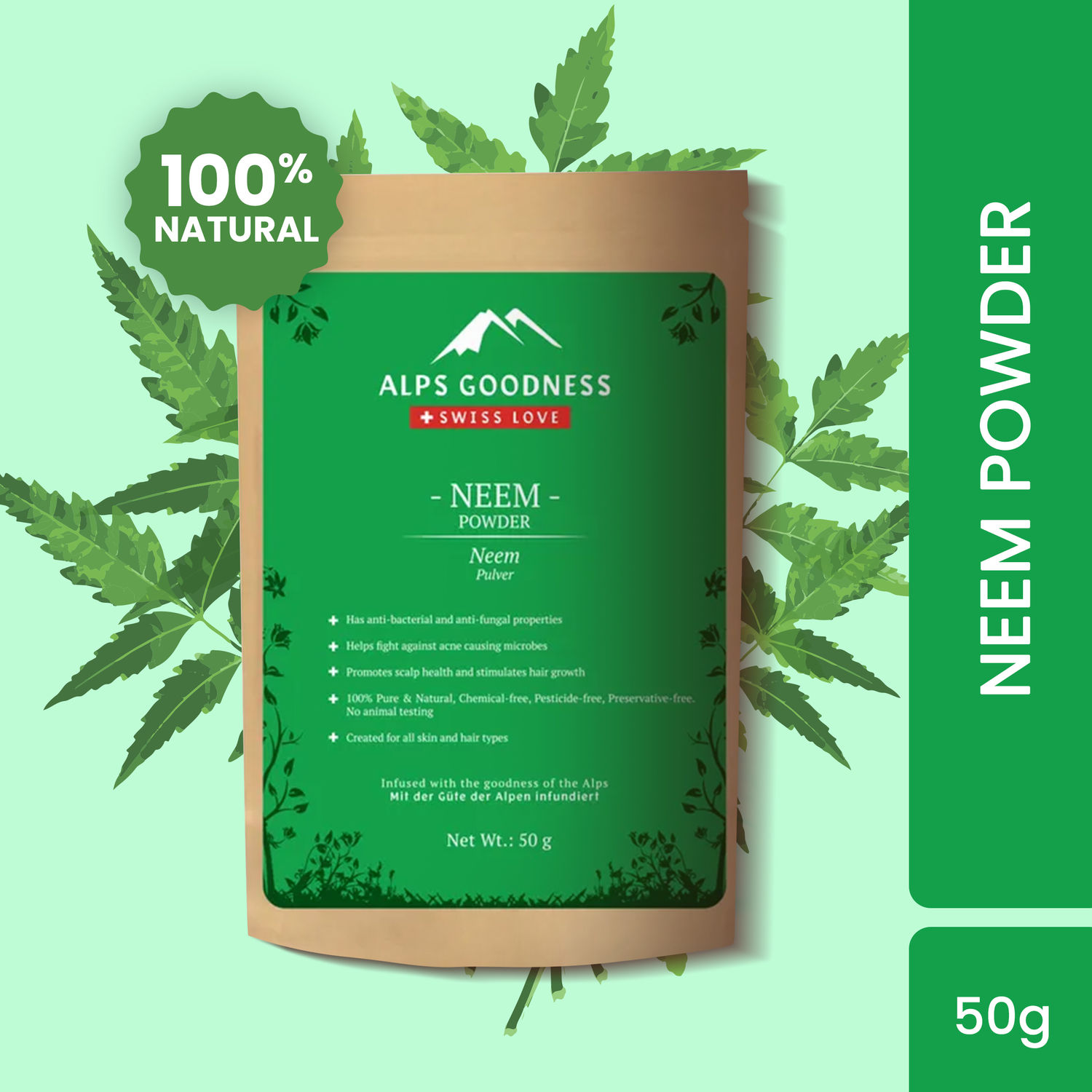 Alps Goodness Powder - Neem (50 g) | 100% Natural Powder | No Chemicals, No Preservatives, No Pesticides | Face Mask for Acne | Acne Treatment | Dandruff Treatment