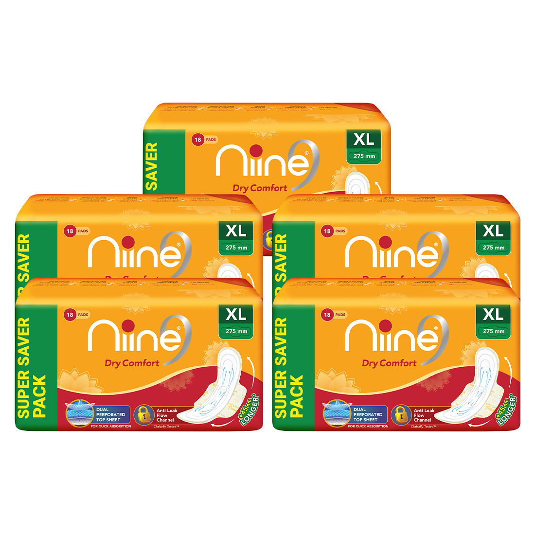 Niine Dry Comfort Extra Long Sanitary Pads for women (Pack of 5), 90