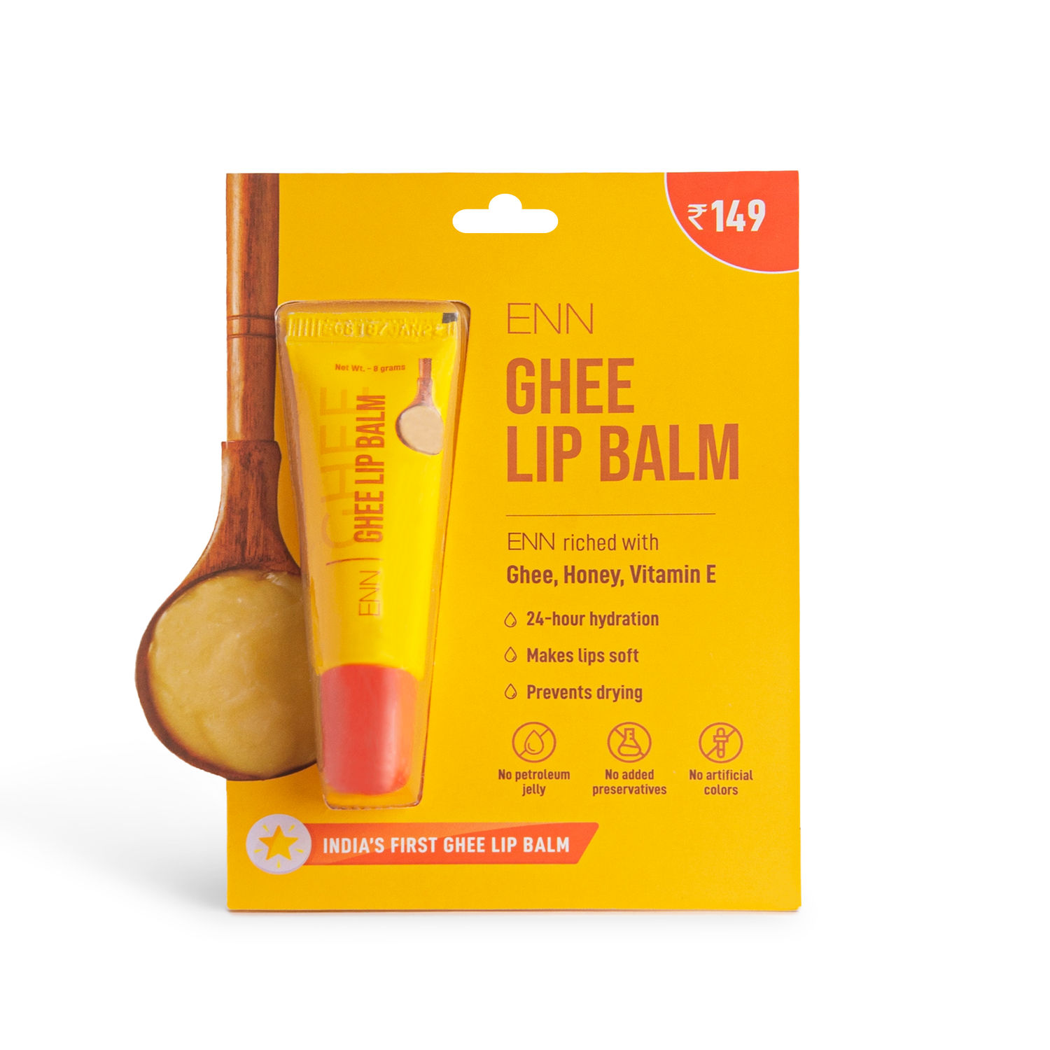 ENN Ghee Lip Balm with Honey & Vitamin E, 24 hours hydration, Soft lips