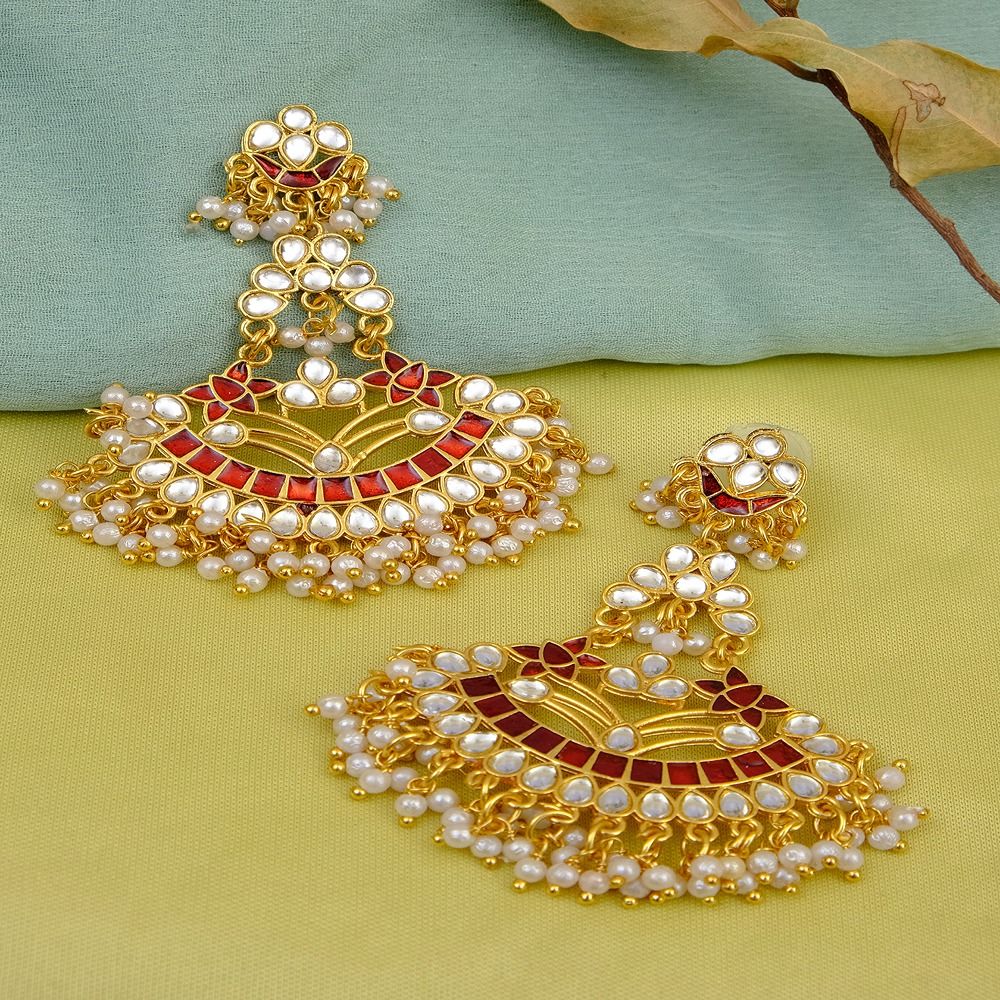 Crunchy Fashion Designer Studded Gold Plated Kundan Red