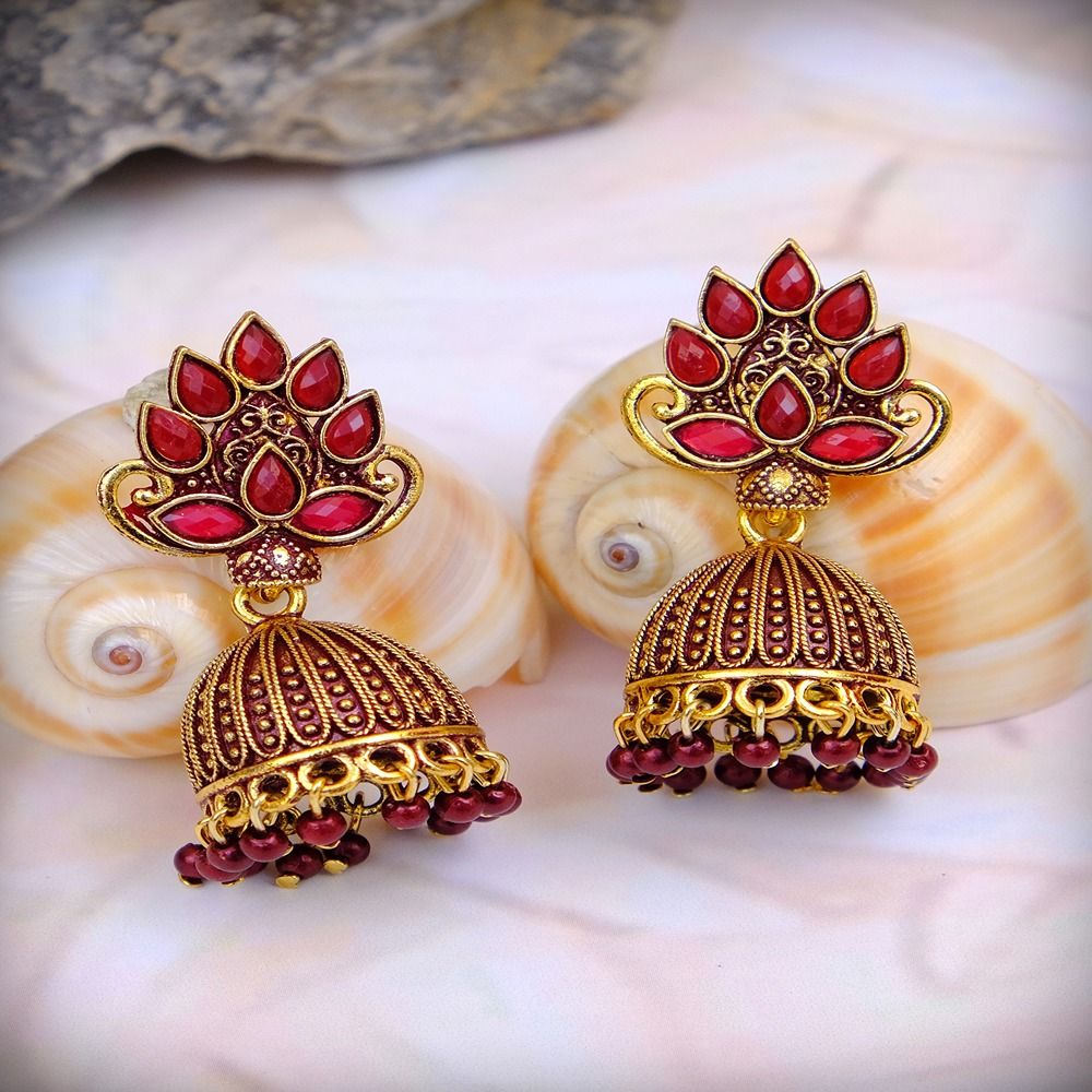Crunchy Fashion Gold plated Antique Red Floral Jhumka Earrings ...