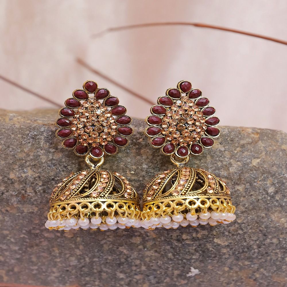 Crunchy Fashion Traditional Maroon Beads and Stone Gold Plated