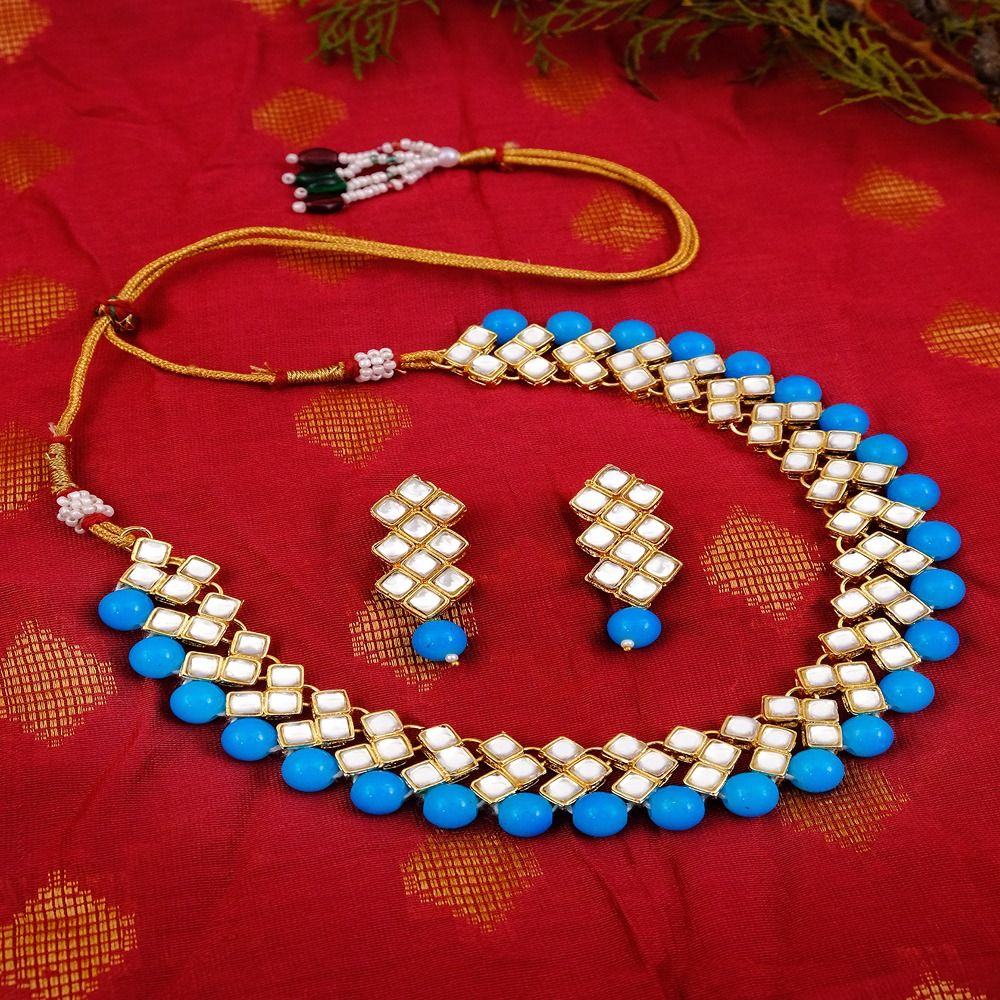 Crunchy Fashion Elegant Golden Pink Royal Blue Stone Studded Kundan