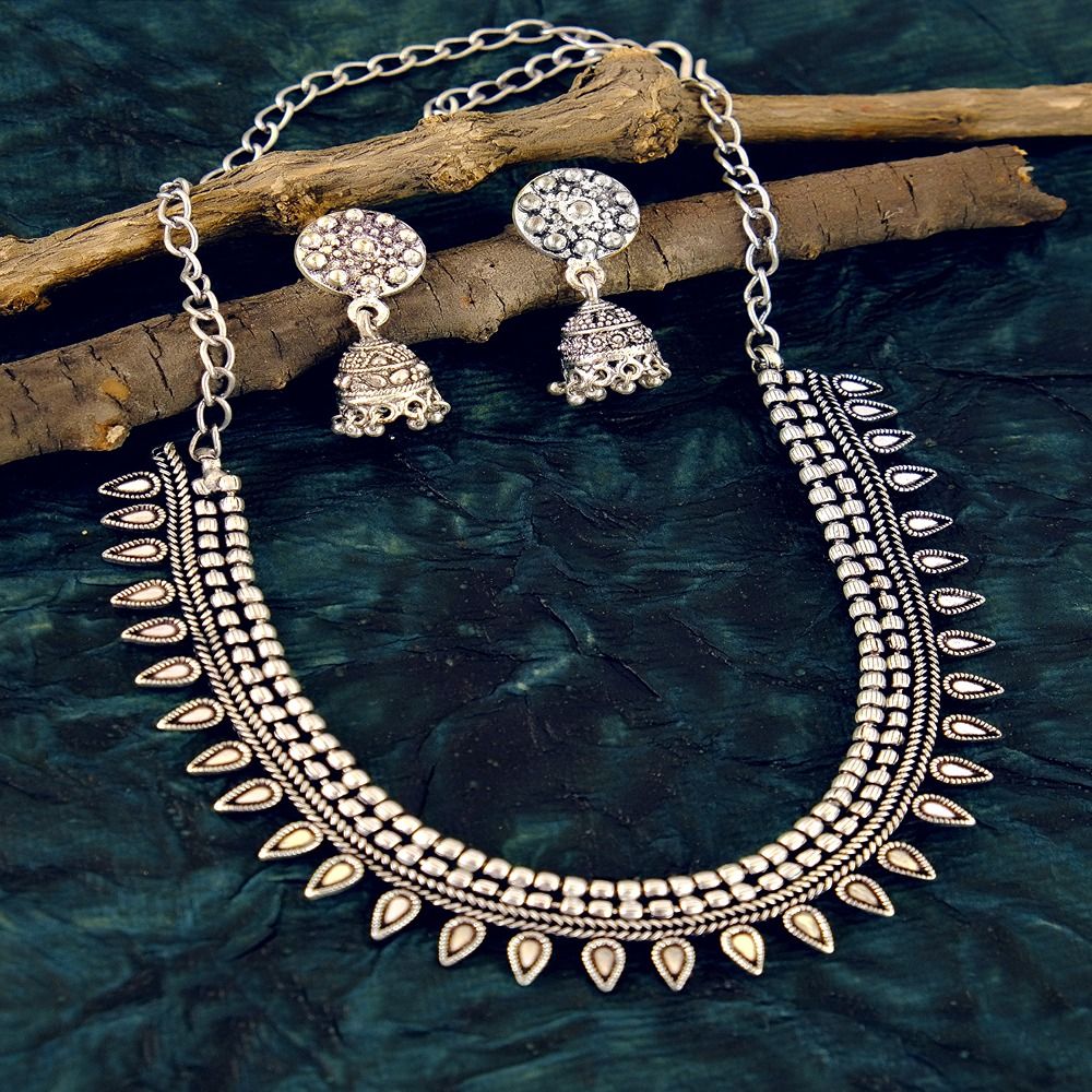 Crunchy Fashion Oxidized SilverPlated Kolhapuri Jewllery Set With Jhumki Earrings CFS0341