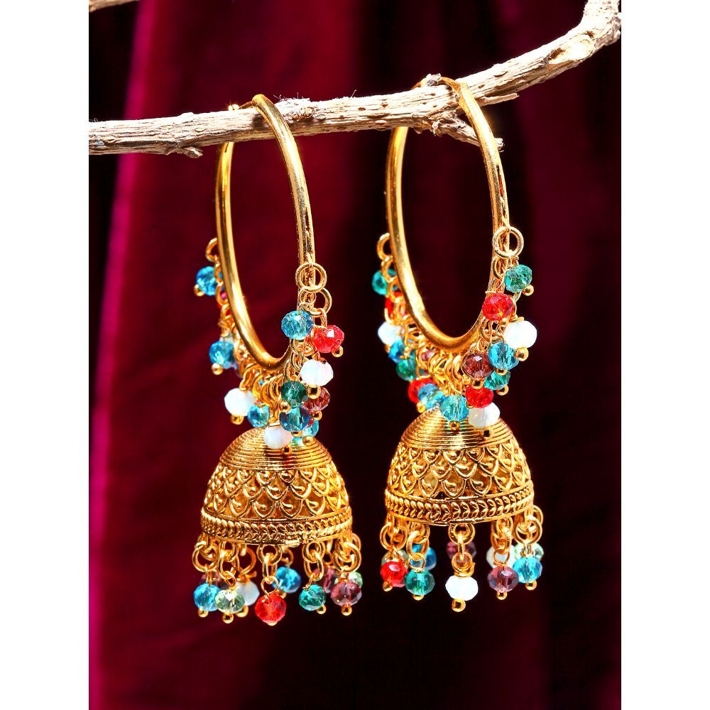 Zeneme Gold-Plated Copper Cubic Zirconia Studded Multi Pearls Dome Shaped  Jhumkas Earring