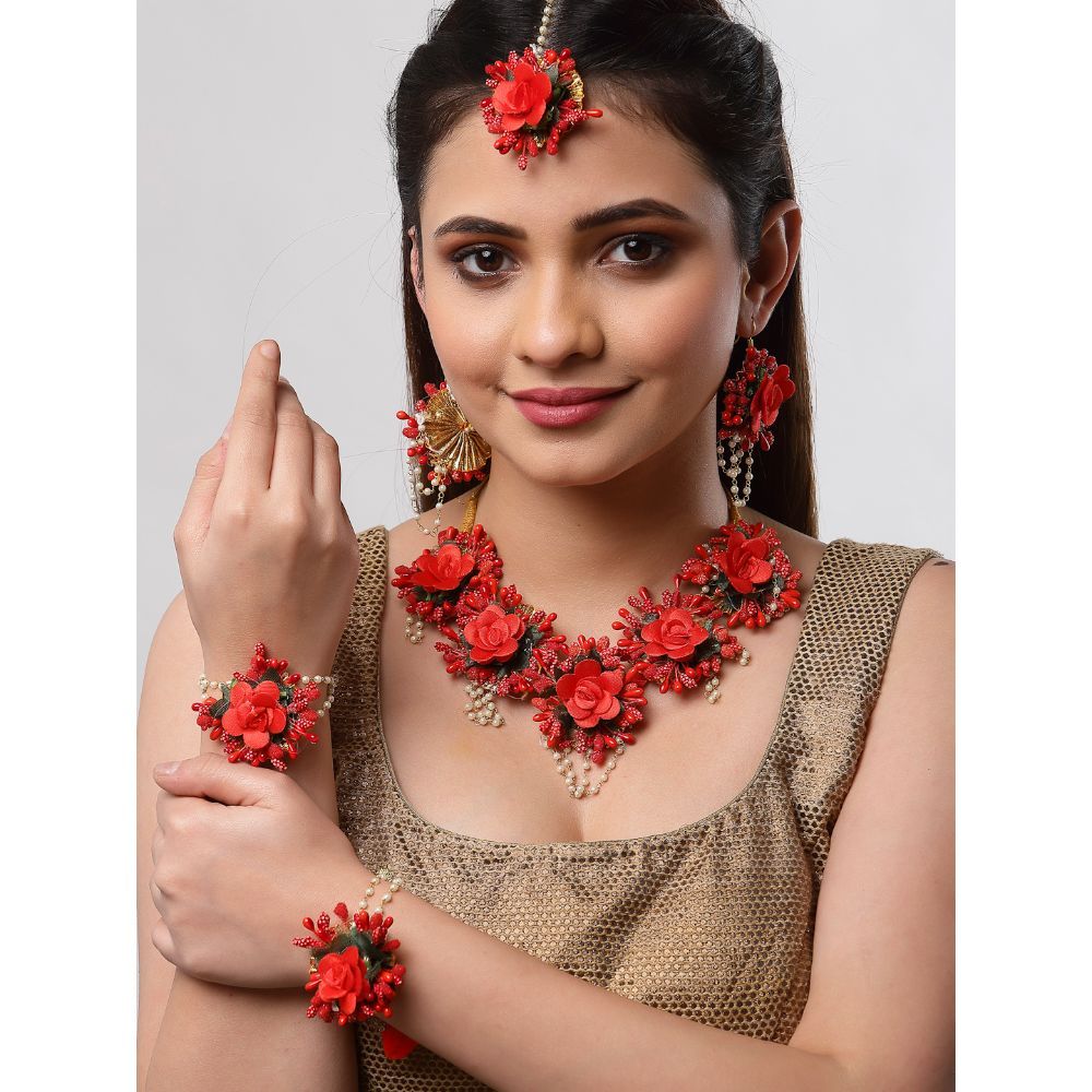 Zeneme Yellow & Green Pearl Gota Patti Flower Wedding Jewellery Set