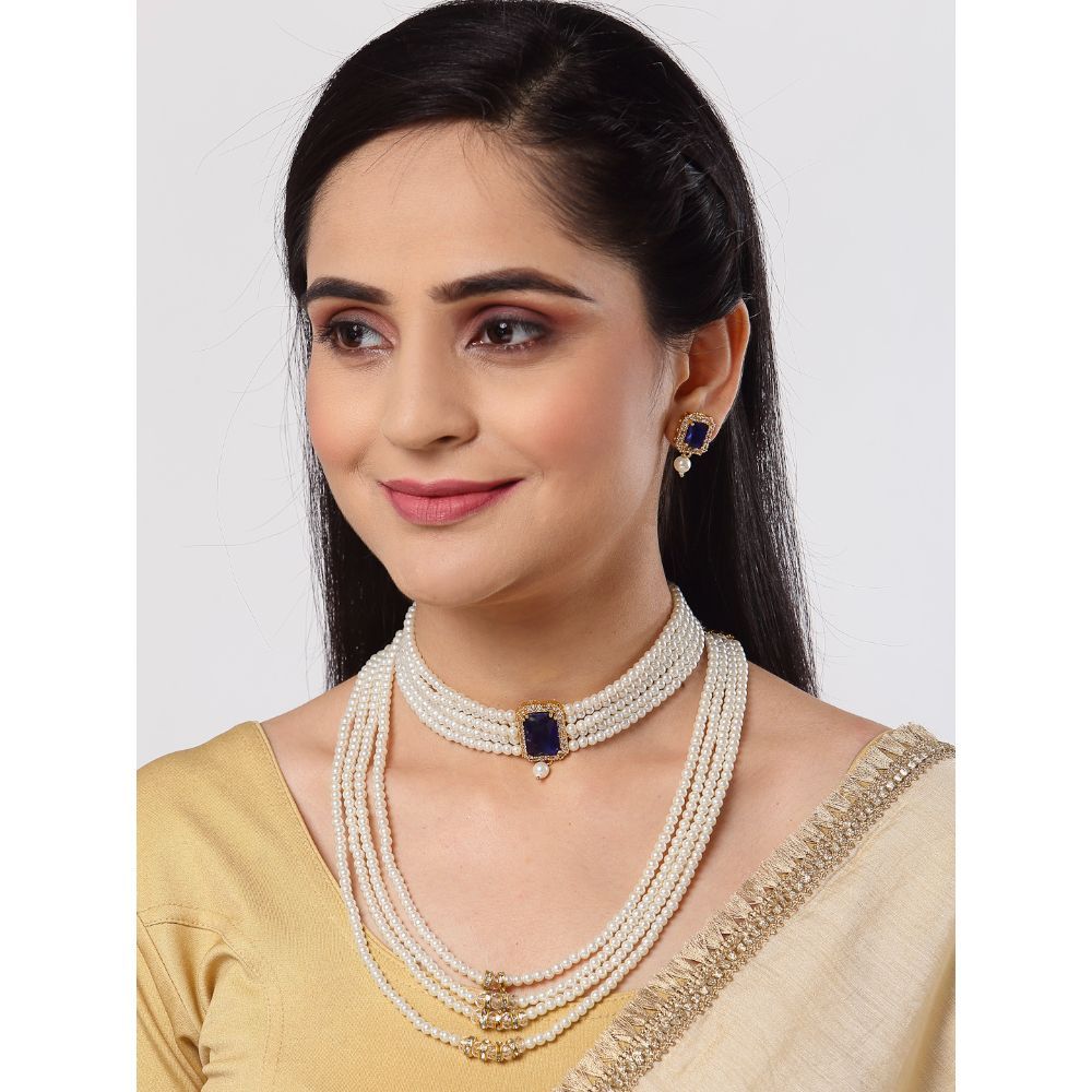 Pearl and Blue Stone Pearl Choker Earring