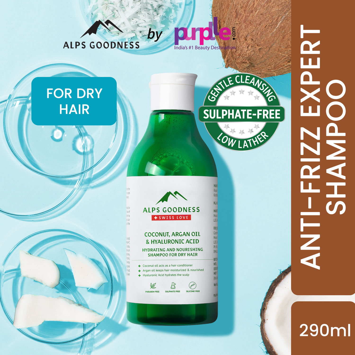 Alps Goodness Coconut, Argan Oil & Hyaluronic Acid Hydrating & Nourishing Shampoo for Dry Hair (290 ml) | Sulphate Free, Silicone Free, Paraben Free | Gentle & Mild Cleansing Shampoo| Vegan | Suitable for Dry & Frizzy Hair (290 ml)