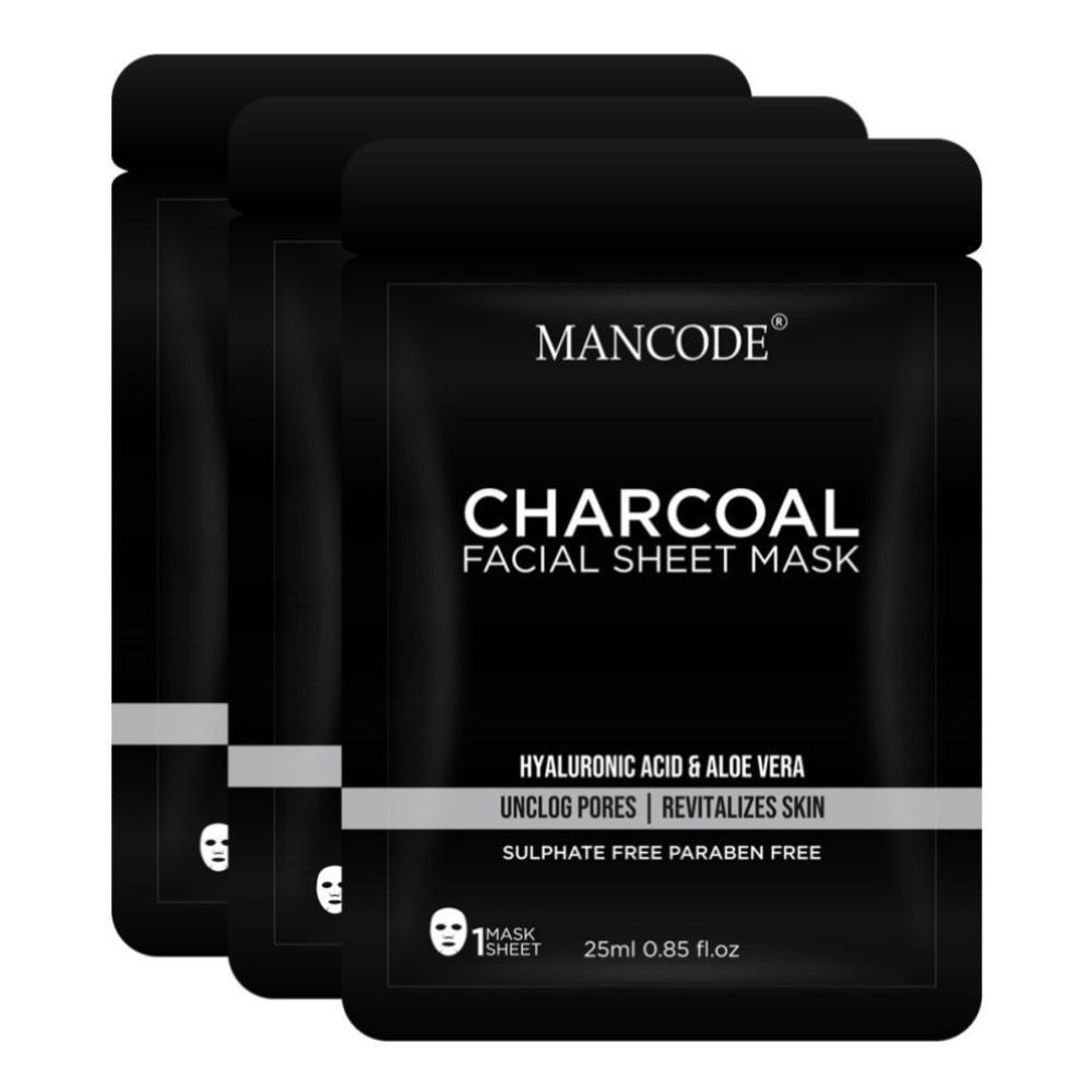 Mancode Charcoal facial sheet mask,25ml Each (Pack of 3)