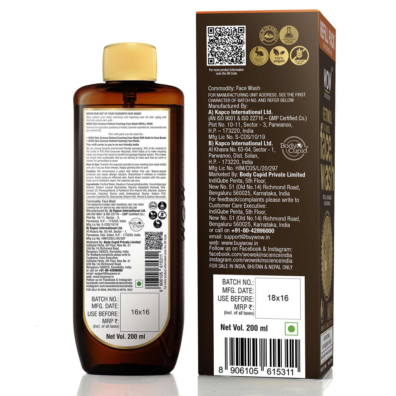 WOW Skin Science Retinol Foaming Face Wash For Fine Lines, Age Spots & Blemishes Refill Pack