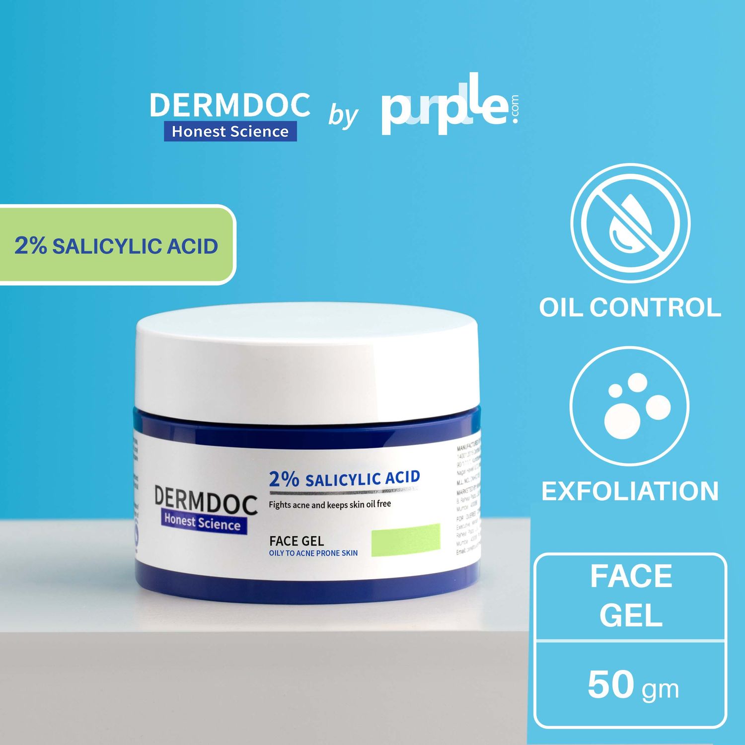 DermDoc by Purplle 2% Salicylic Acid Anti Acne Face Gel (50g) | salicylic acid gel | cleansing salicylic acid