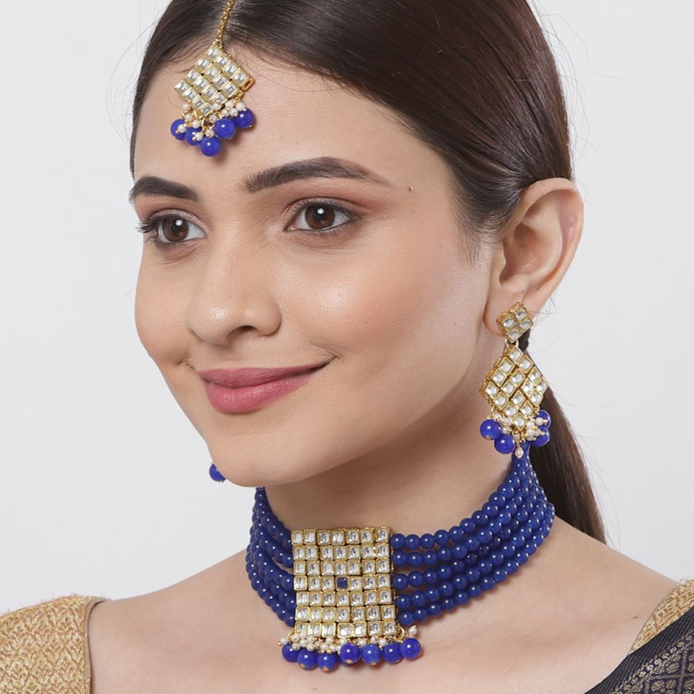 Blue Beads Handcrafted Choker Necklace Set