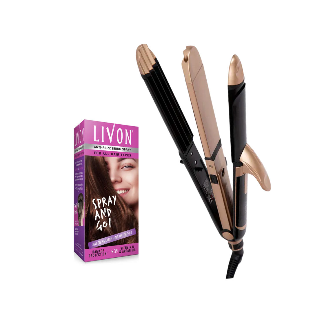 VEGA 3 in 1 Hair Styler, Straightener, Curler & Crimper (VHSCC01), Black + Livon Shake & Spray