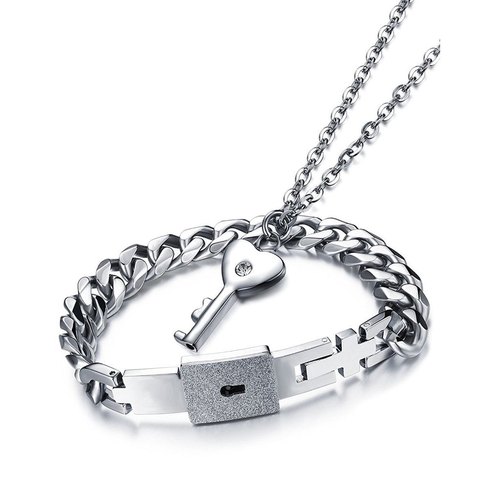 Yellow Chimes Engraved Lock and Key Stainless Steel Couple Bracelet
