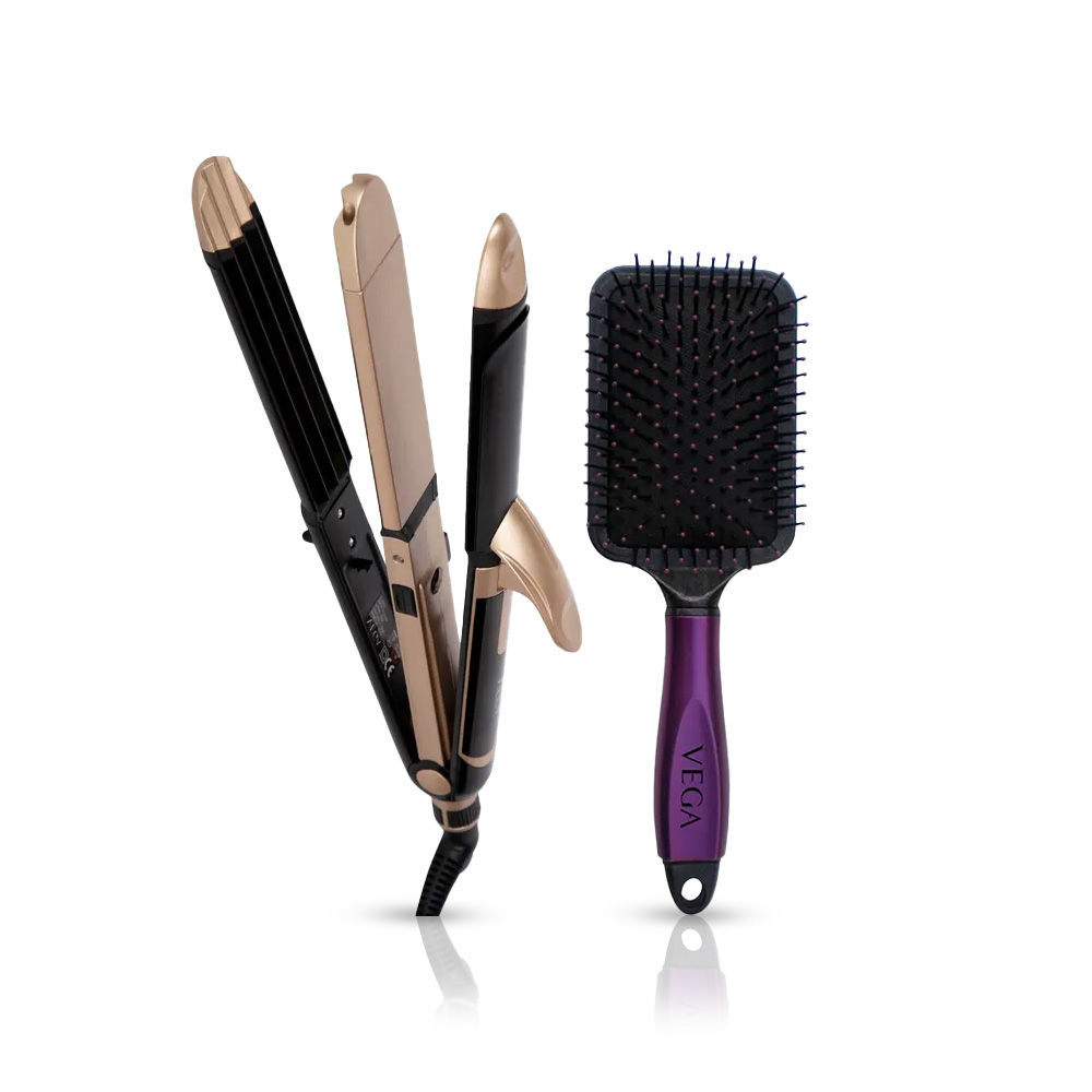 VEGA 3 in 1 Hair Styler, Straightener, Curler & Crimper (VHSCC01), Black + VEGA Paddle Brush
