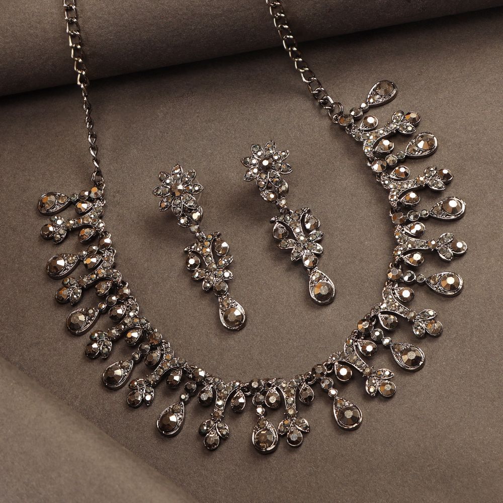 ACCESSHER Silver Plated Party Wear Necklace Set of 2 for Women Studded with Black Stones