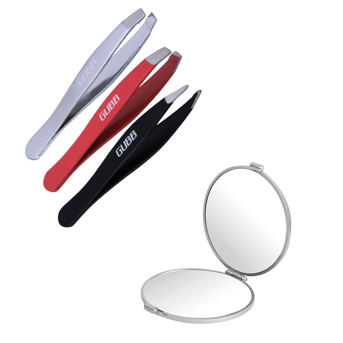 GUBB Brow Kit Pro Compact Mirror & Trio Mini Tweezer Set For Eyebrows