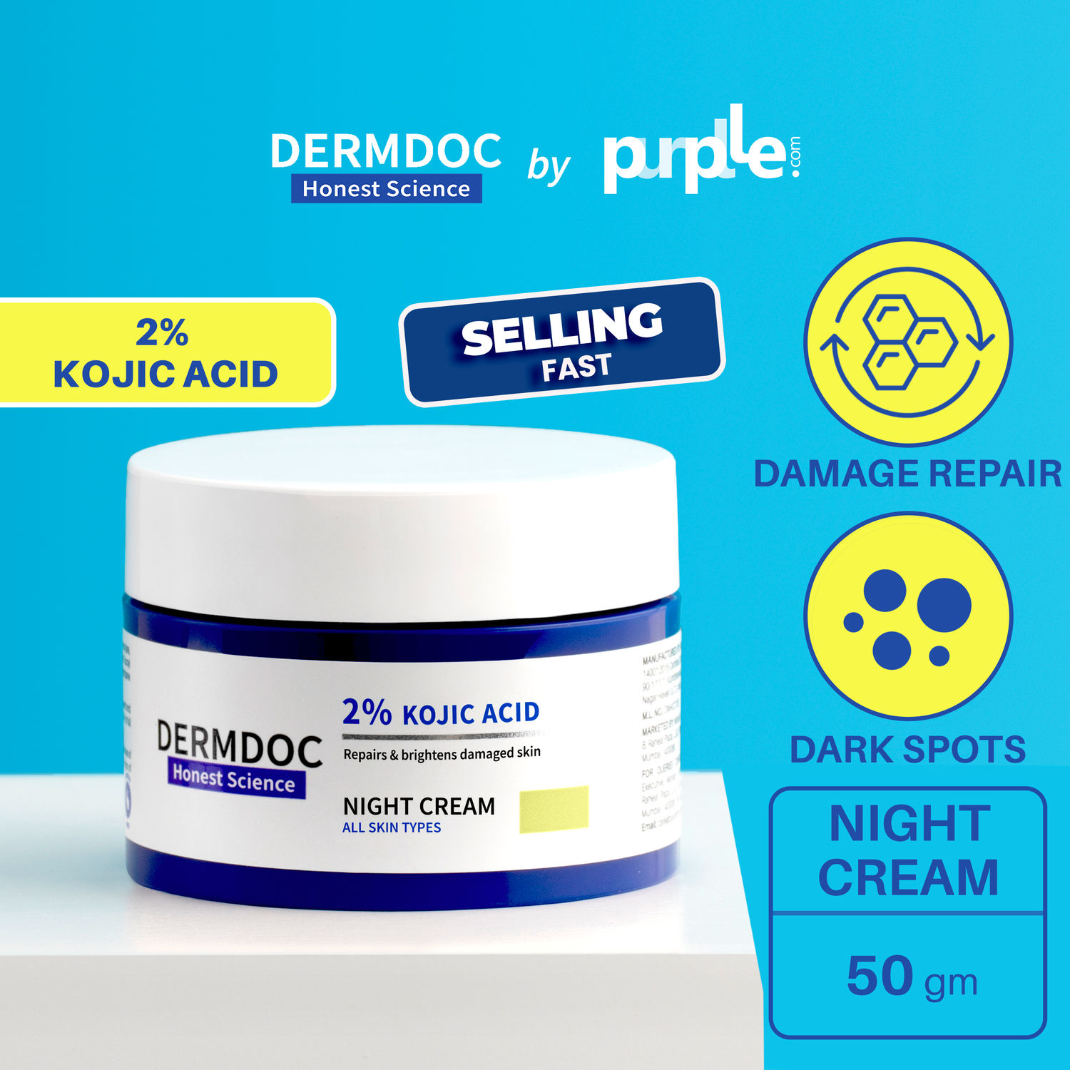 DermDoc by Purplle 2% Kojic Acid Night Cream (50g) | kojic acid cream | face cream for dark spots | pigmentation cream