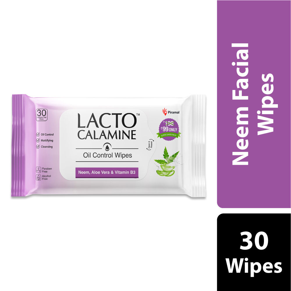 Lacto Calamine Oil Control Wipes with Neem, Vitamin B3 and Aloe Vera No Parabens Alcohol Free