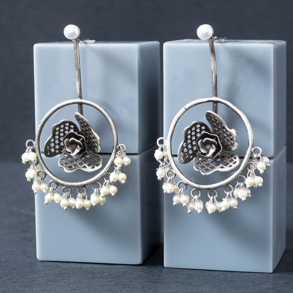 Golden Peacock Oxidised SilverToned & Off White Beaded Floral Drop