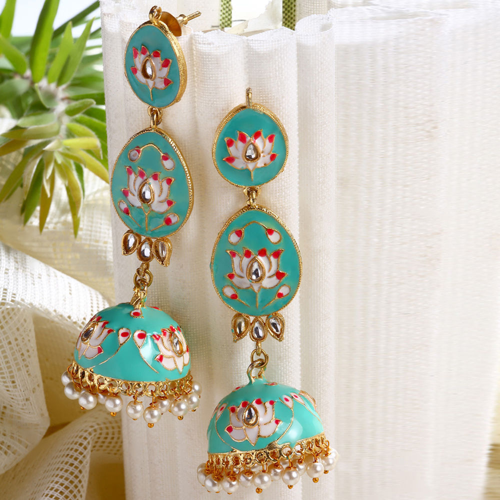 Moedbuille Kundan & Pearls Studded Handpainted Sea Green Meenakari Work
