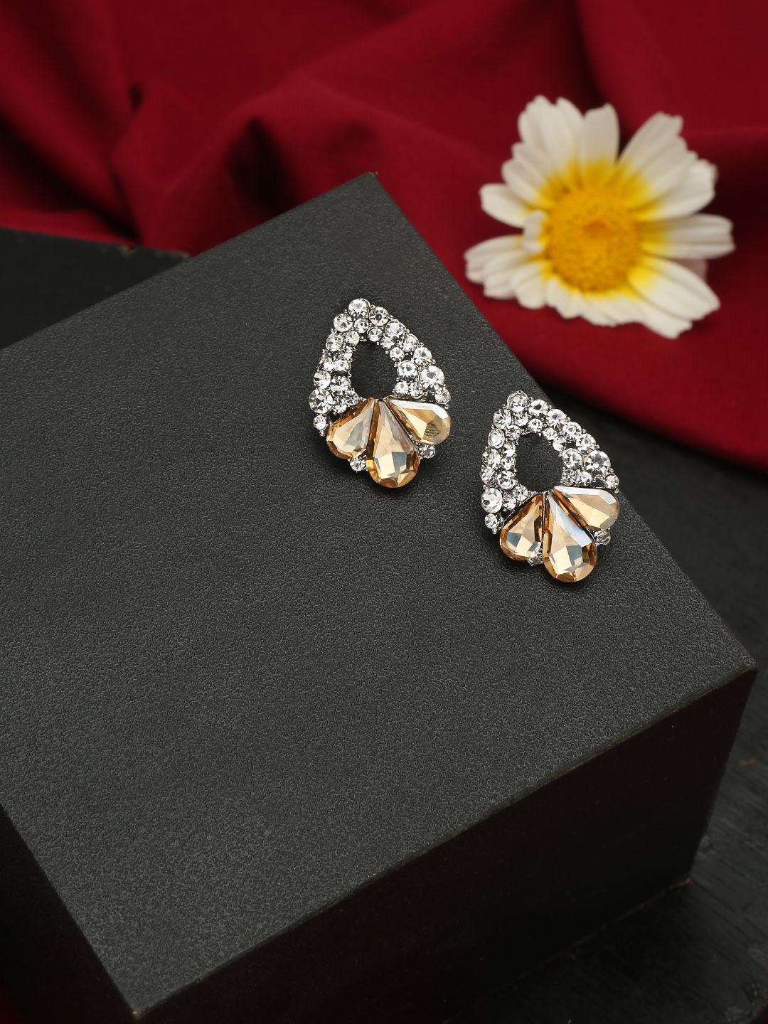 YouBella Brown & White Teardrop Shaped Studs Earrings