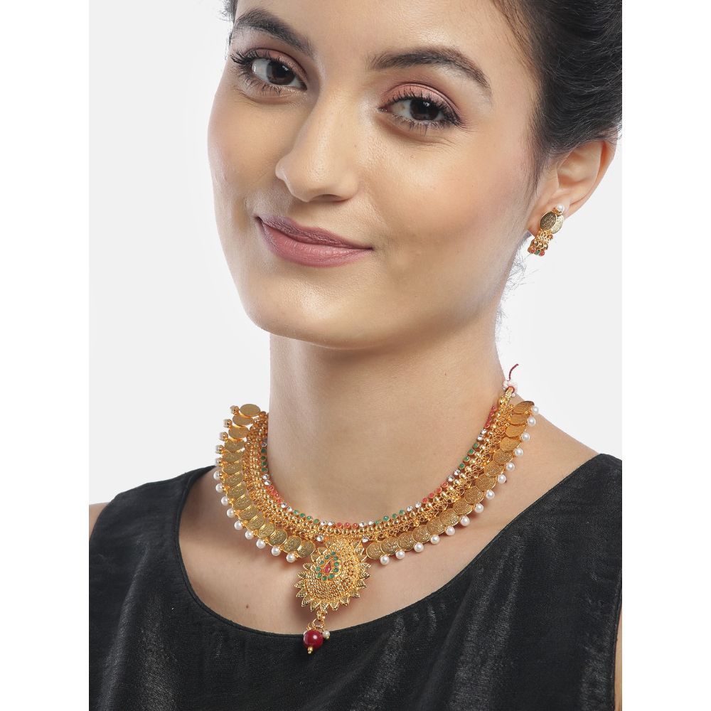 Gold-Toned Green Stone Studded Beaded Necklace Set with Drop Earrings