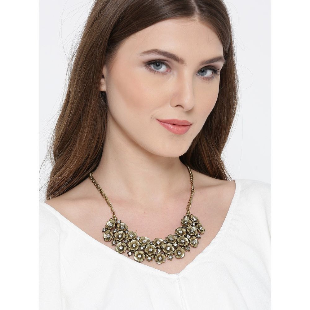 YouBella Antique Gold Plated Floral Stone Studded Necklace