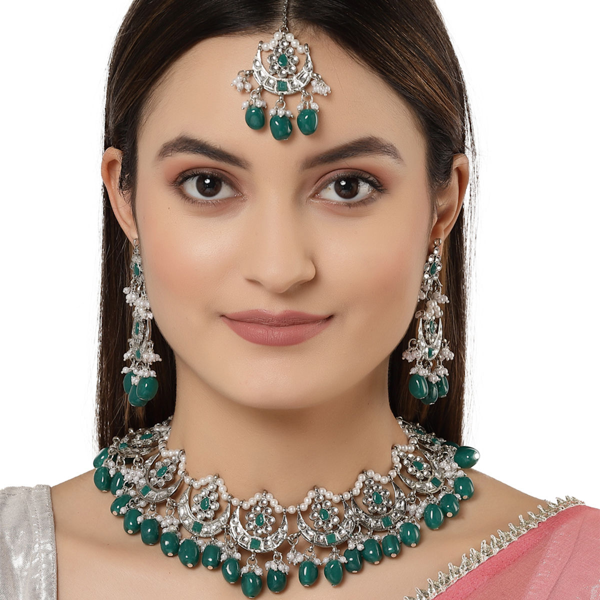 Green layered kundan choker necklace set clearance