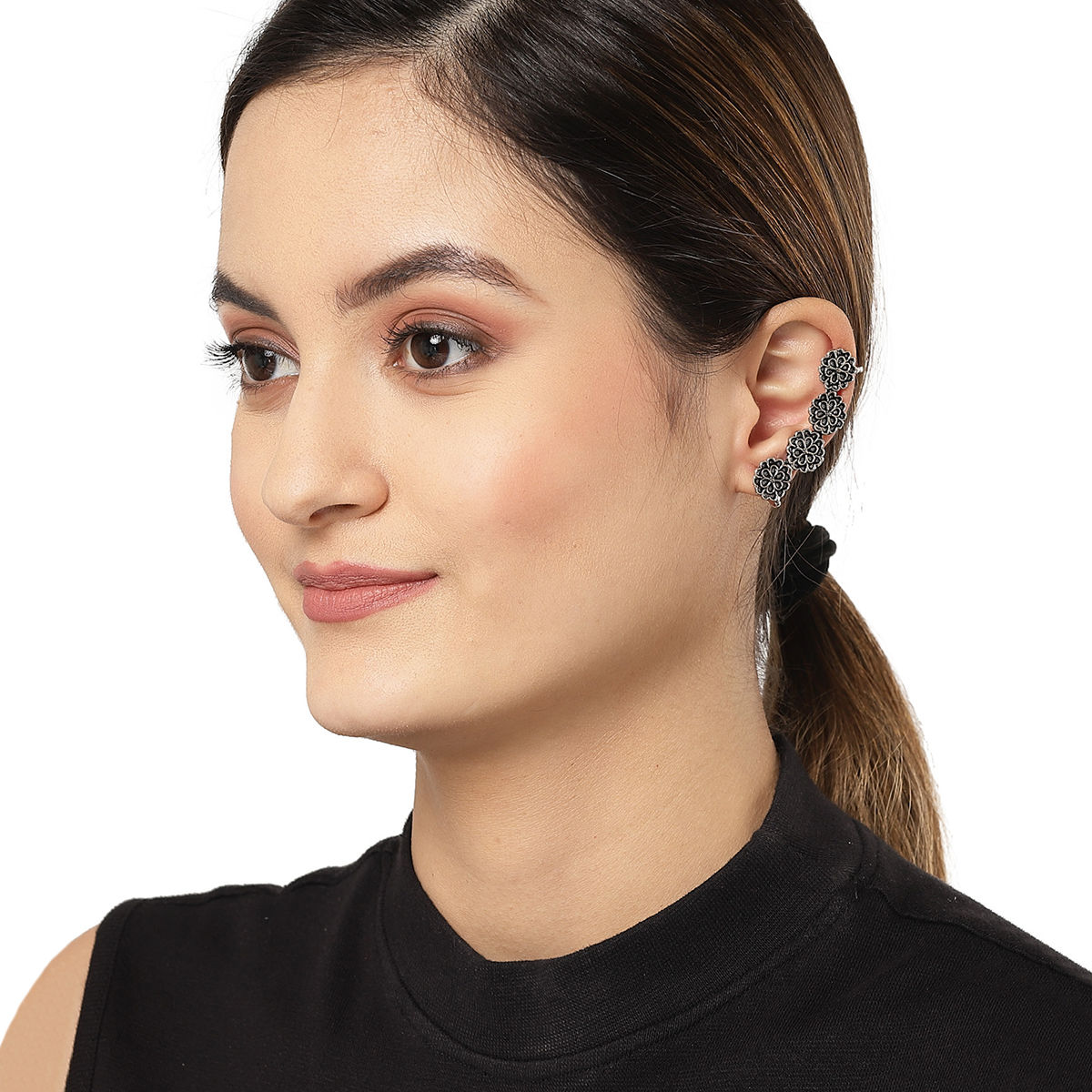 Karatcart Oxidised Silver Floral Shape Ear Cuffsfor Women