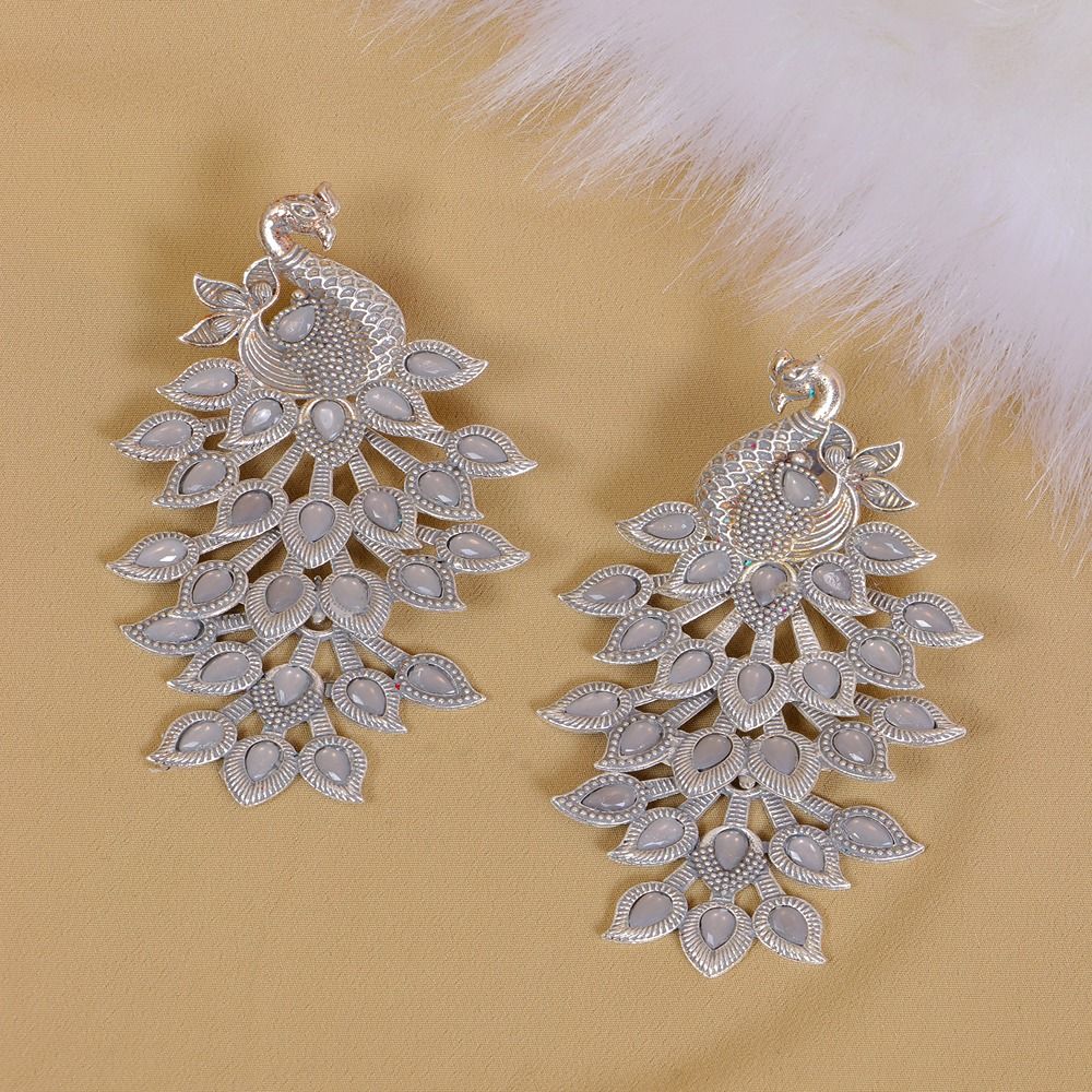 Crunchy Fashion Oxidized German Silver Traditional Grey Peacock Dangler Design Earrings RAE1997