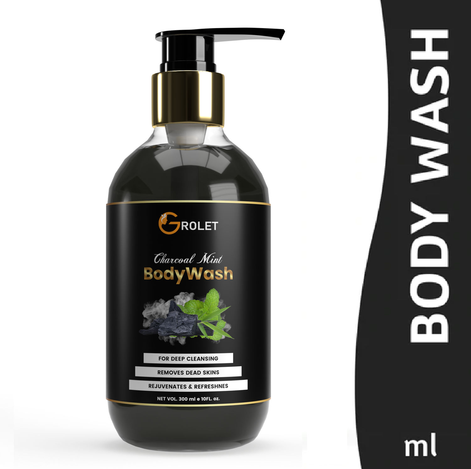 Grolet Deep Cleansing Charcoal Body Wash with Active Mint Extract (300 ml)