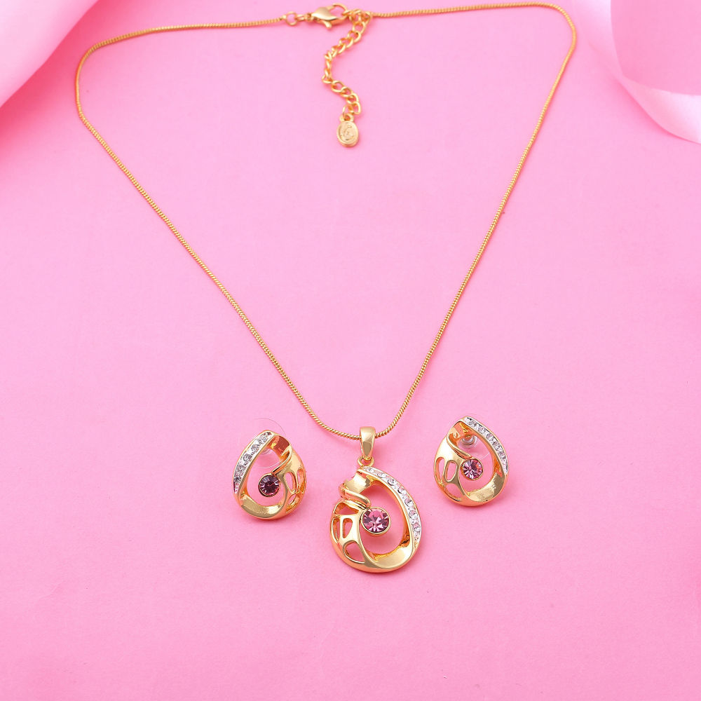 Estele Gold Plated Drop Shaped Pendant Set with Crystals for Women
