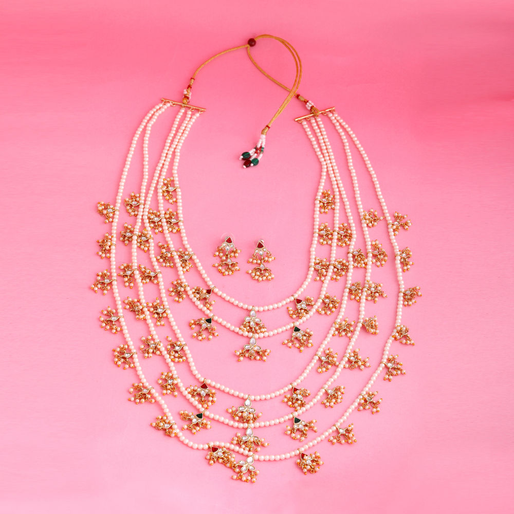 Estele Gold Plated Multi String Necklace Set with Pearls for Women