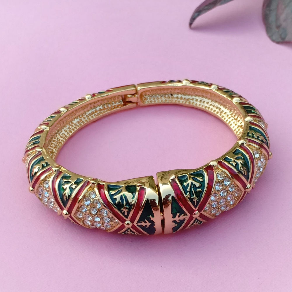 Estele Gold Plated Diamond Pattern Green and red Enamel Cuff Bracelet for women