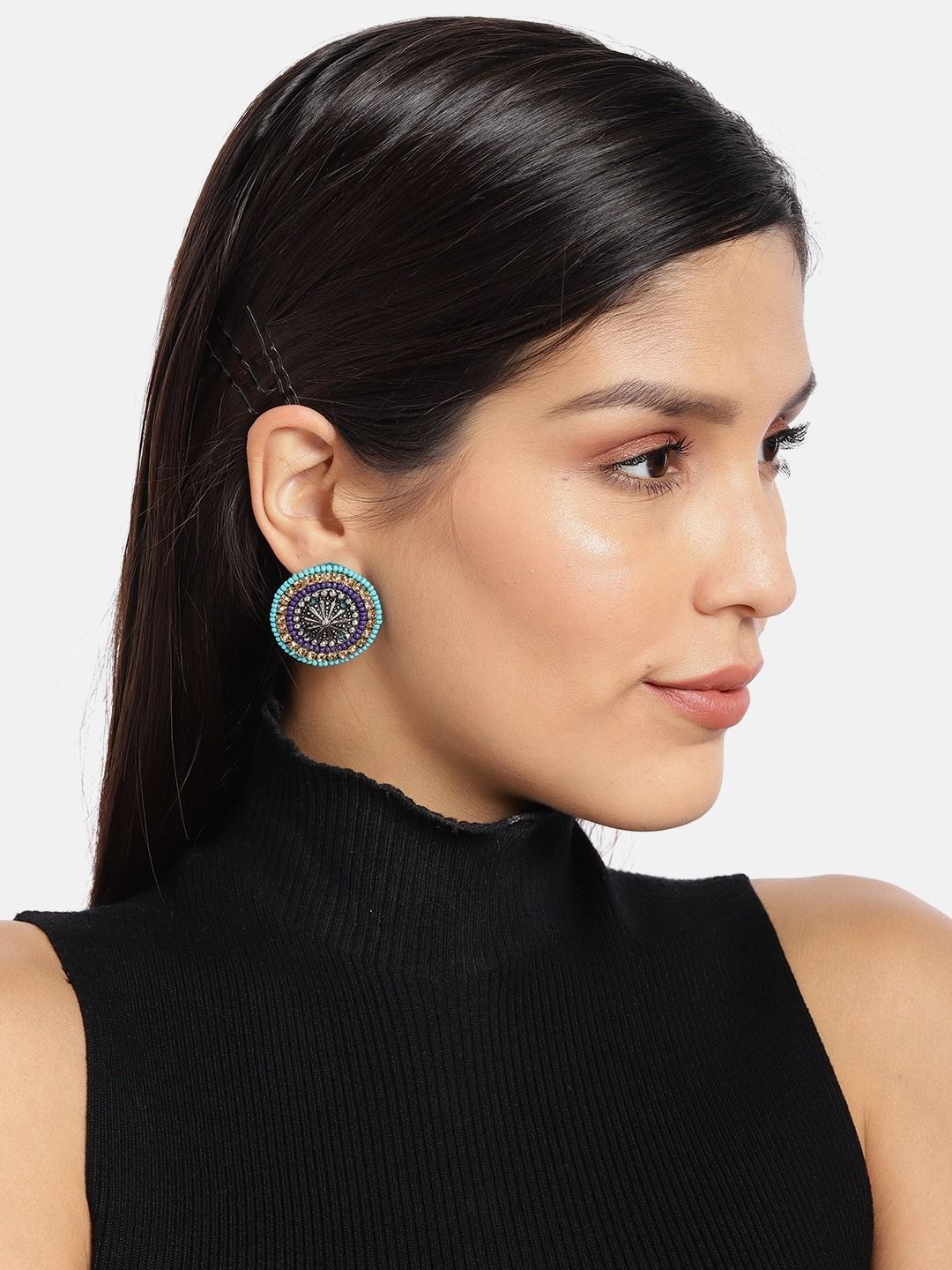 Fida SilverToned & Blue Beaded Circular Oversized Studs Silver