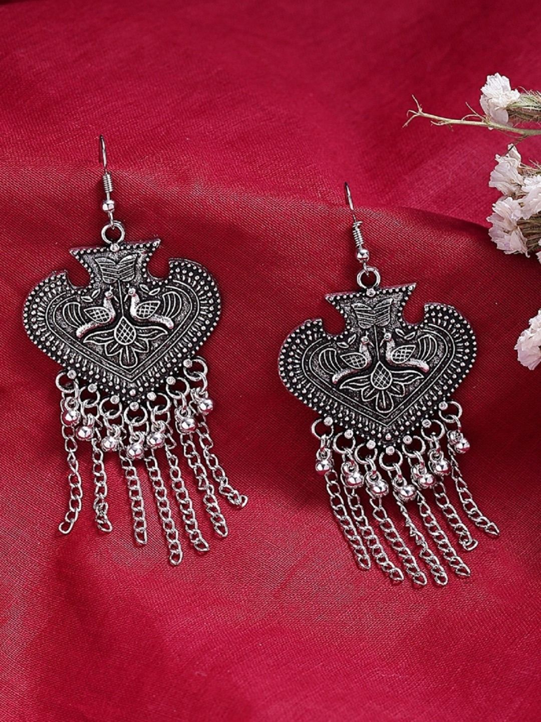 ToniQ Silver Toned Geometric Oxidised Drop Earrings Silver
