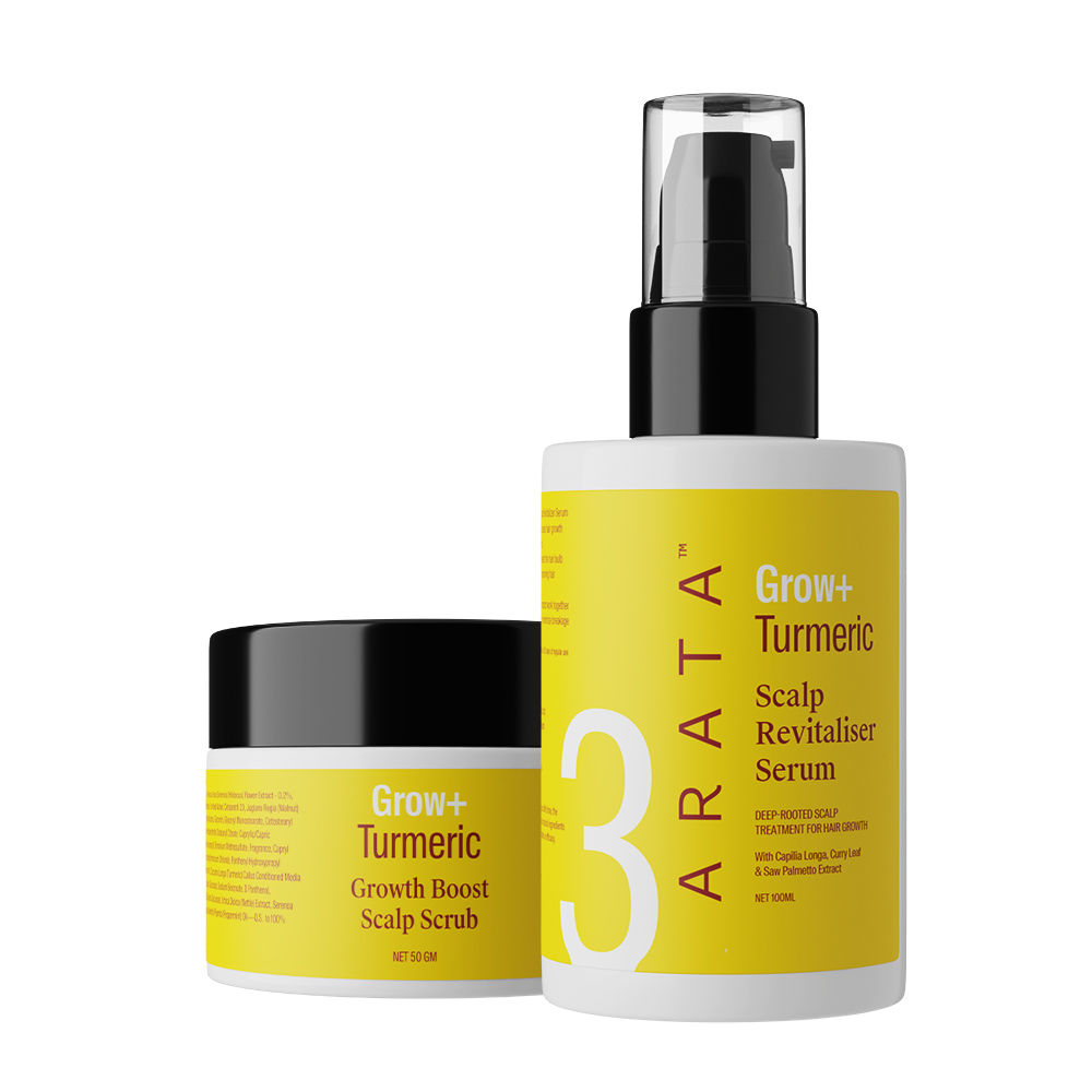 Arata Grow  Turmeric Range  Hair Oil  100 ML  Scalp Scrub 50 GM   Infused With Onion Oil Bhringraj  Capilia Longa  Boosts Hair Growth   Clears BuildUp  Impurities