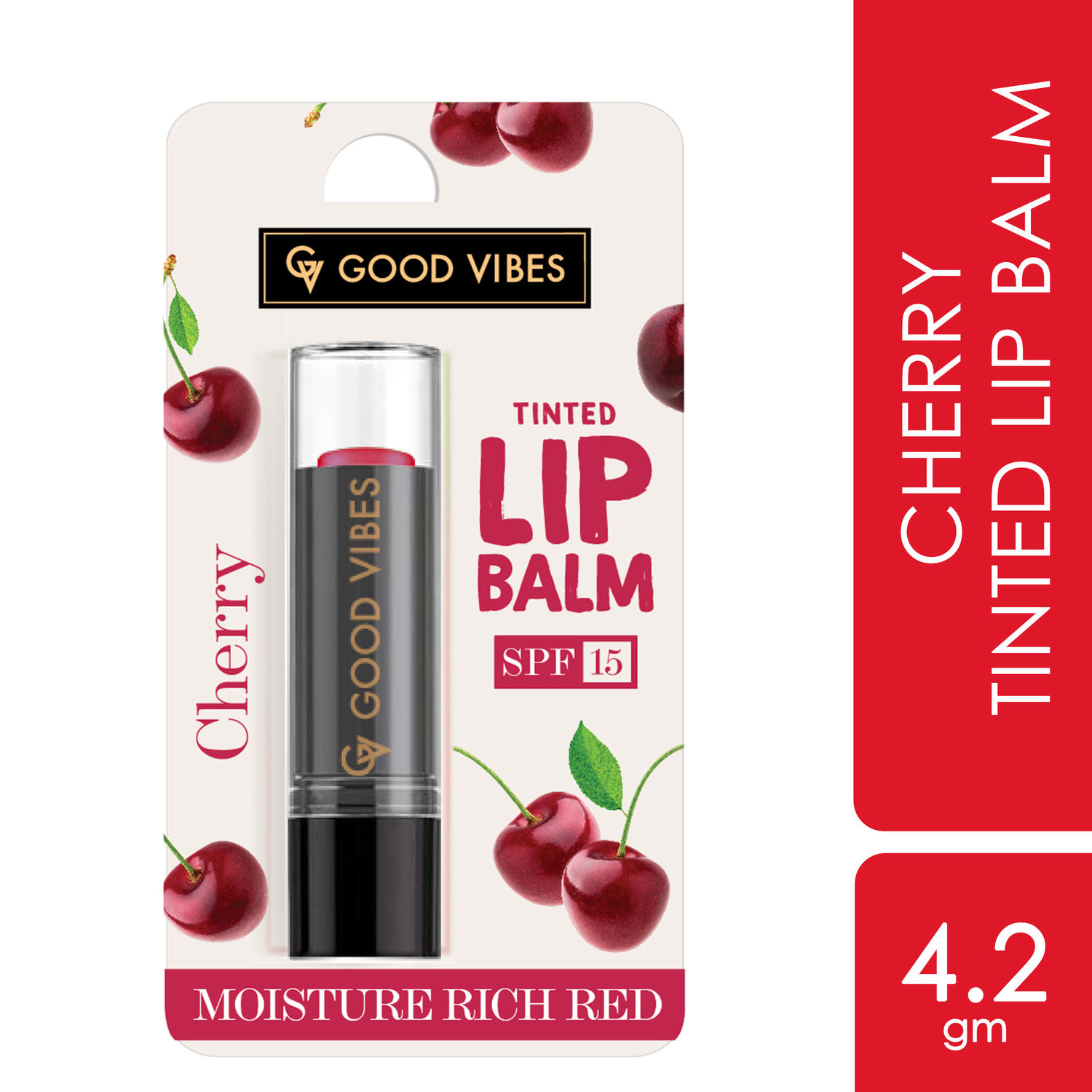 Good Vibes Cherry Moisture Rich Red Tinted Lip Balm SPF 15 | Plum & Glossy, Softening | Vegan, No Parabens, No Sulphates, No Mineral Oil, No Animal Testing, No Silicones (4.2 g)