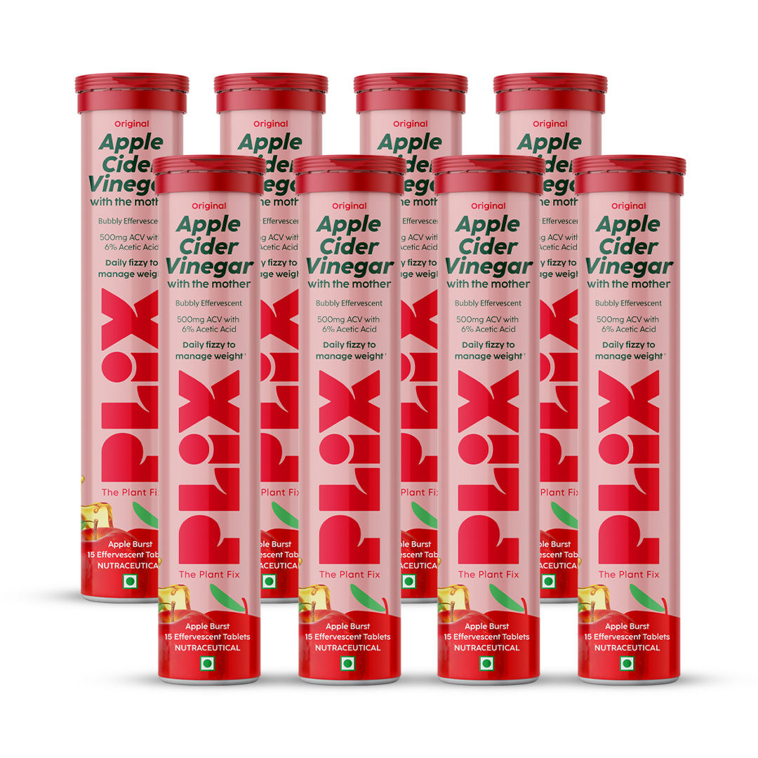 PLIX World's First Apple Cider Vinegar 15 Effervescent Tablets, Pack of 8 (Apple) with vitamin B12
