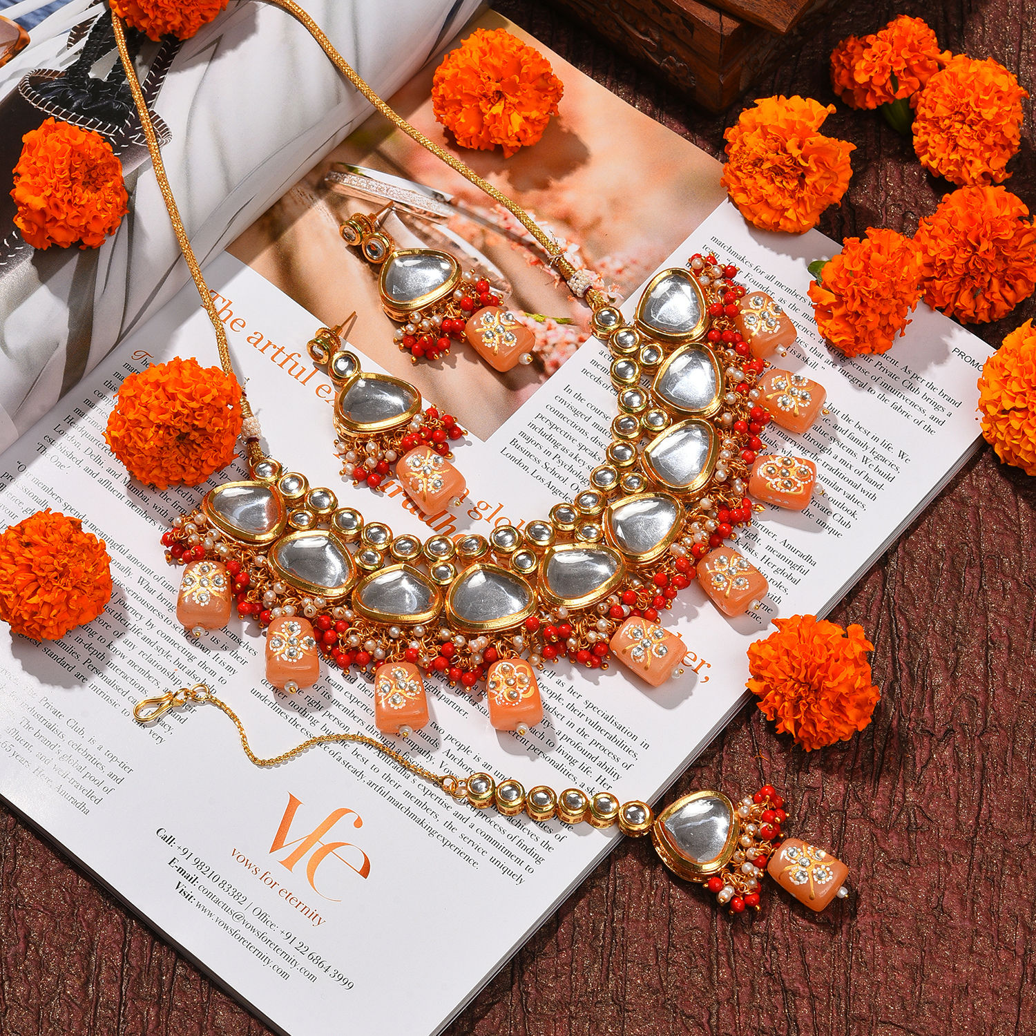 Gold-Polished White Red Kundan-Studded Pearl Beaded Nosepin - Ruby Raang main image 1
