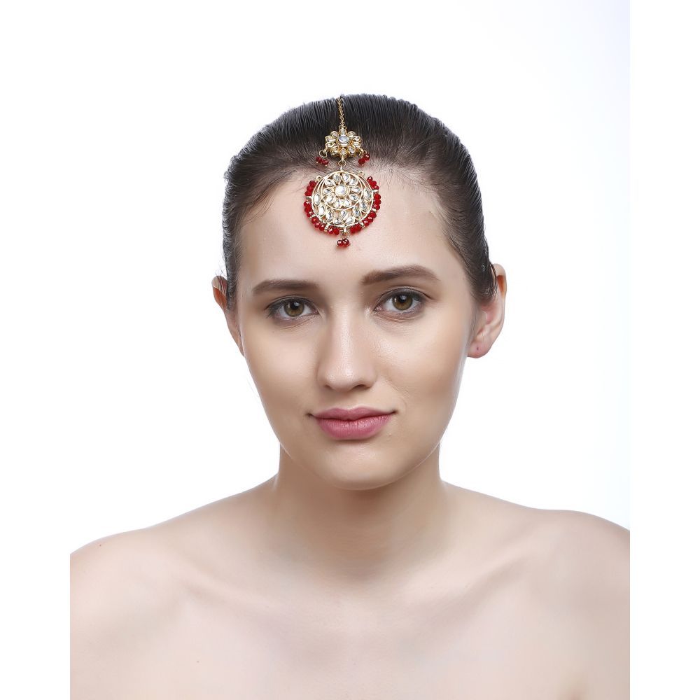 Bamboo Tree Jewels Red Beads Gold Kundan Maang Tika