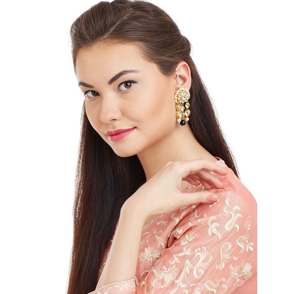 Bamboo Tree Jewels Black Stone Gold Kundan Drop Earrings